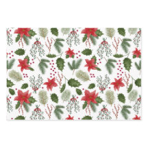 Holly & Poinsettia Christmas Gift Wrap - 3 Sheets