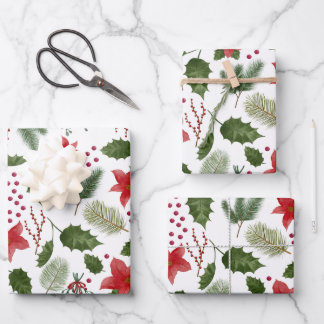 Holly & Poinsettia Christmas Gift Wrap - 3 Sheets