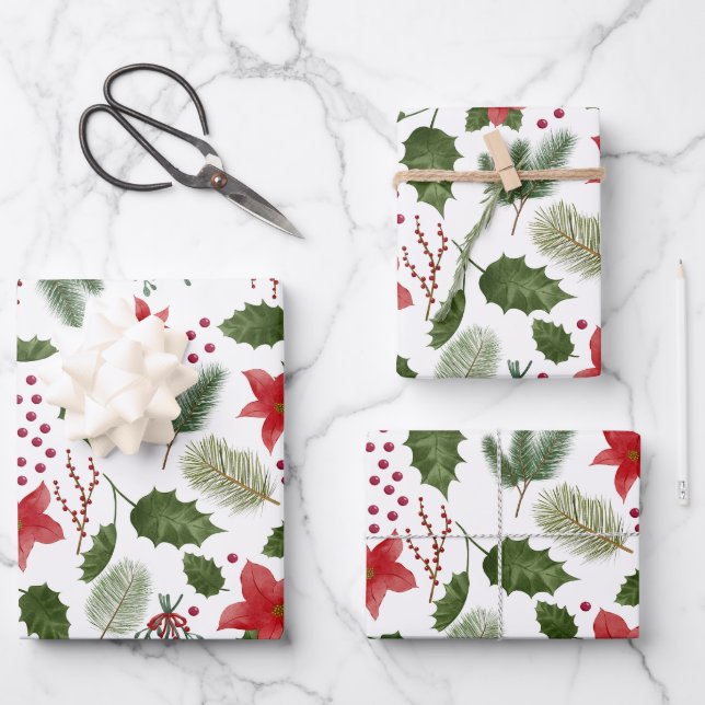 Holly & Poinsettia Christmas Gift Wrap - 3 Sheets (Front)