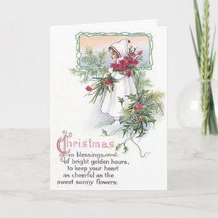 Holly & Poinsettia Little Girl Vintage Christmas Holiday Card