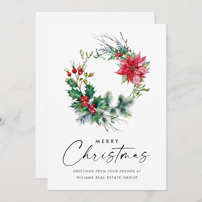  Holly Poinsettia Wreath Christmas Corporate Holiday Card (Front/Back)
