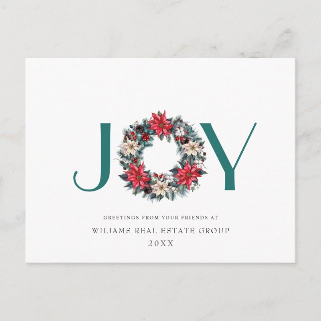Holly Poinsettia Wreath Corporate Christmas Holiday Postcard (Front)