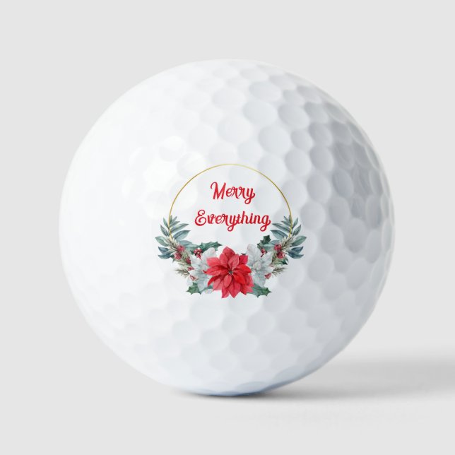 Holly Poinsettia Wreath Merry Everything Holiday   Golf Balls (Front)