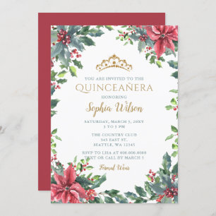Holly Poinsettias Gold Princess Tiara Quinceañera Invitation