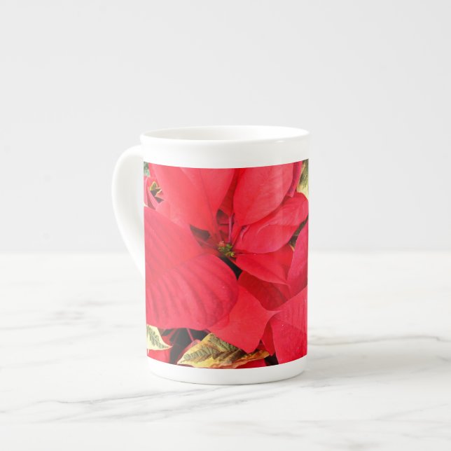 Holly Point Poinsettias Holiday Floral Bone China Mug (Front Left)