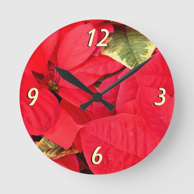 Holly Point Poinsettias Holiday Floral Round Clock (Front)