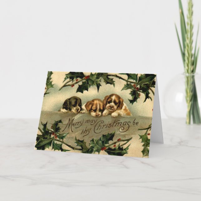 Holly Puppies Christmas Greetings Card (Front)