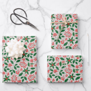 Holly Red Berries Botanical Christmas  Wrapping Paper Sheet