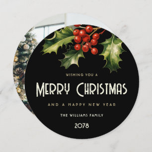 Holly Red Berries Elegant Black Photo Holiday Card