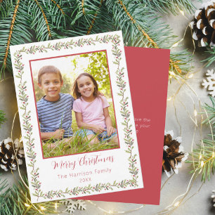 Holly Red Berry Border Family Christmas Card