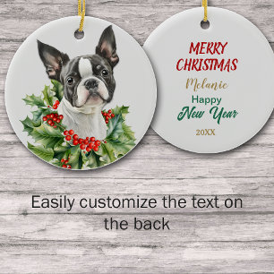 Holly Red Berry Boston Terrier Dog Ceramic Tree Decoration