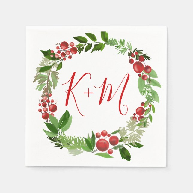Holly Red Berry Christmas Modern Wedding Monogram Napkin (Front)