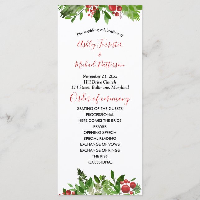 Holly Red Berry Christmas Modern Wedding Program Programme (Front)