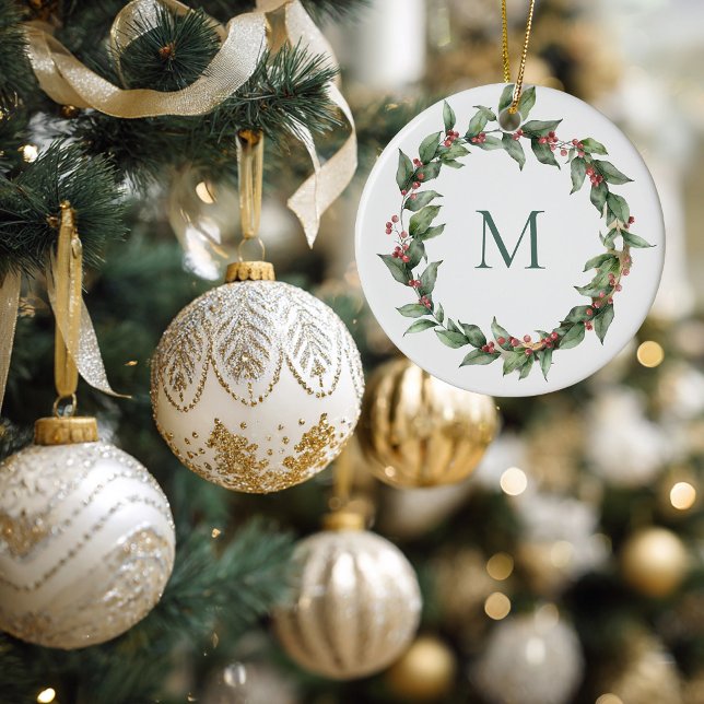 Holly Red Berry Monogrammed Wreath Christmas Ceramic Tree Decoration (Holly Wheat Monogrammed Christmas Ornament)