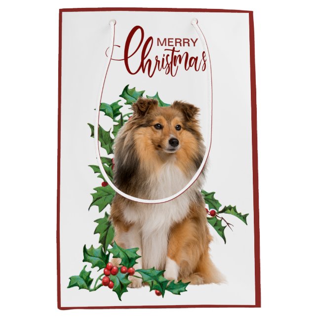 Holly Red Berry Shetland Sheepdog Christmas Medium Gift Bag (Front)