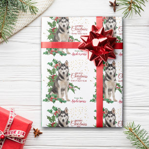Holly Red Berry Siberian Husky Dog Christmas Wrapping Paper