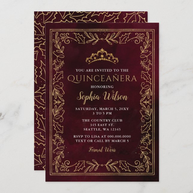 Holly Red Gold Princess Tiara Quinceañera Invitation (Front/Back)