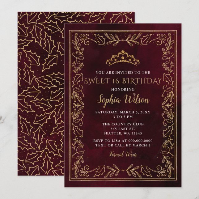 Holly Red Gold Princess Tiara Sweet 16 Birthday Invitation (Front/Back)