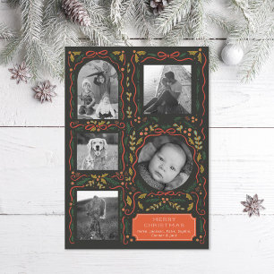 Holly Red Ribbon Christmas Photo Collage  Holiday Card