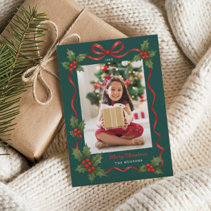Holly Ribbon Green Merry Christmas Photo Holiday Card