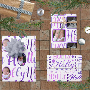 HOLLY Script Purple On White 4 Photo Christmas Wrapping Paper Sheet