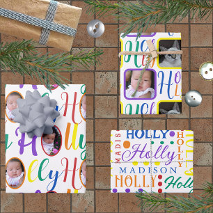 HOLLY Script Rainbow On White 4 Photo Christmas Wr Wrapping Paper Sheet