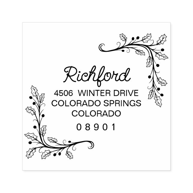 Holly Sprigs Frame Christmas Return Address Rubber Stamp (Imprint)