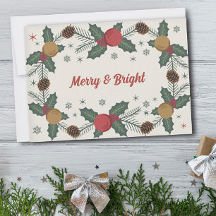 Holly Sprigs & Pine Cones - Merry & Bright Holiday Card