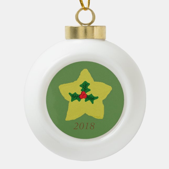 Holly Star Ceramic Ball Christmas Ornament (Front)