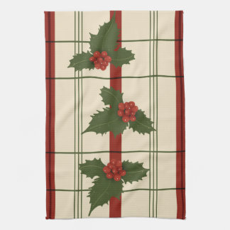 Holly tea towel in reds and greens