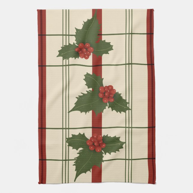 Holly tea towel in reds and greens (Vertical)