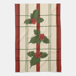 Holly tea towel in reds and greens