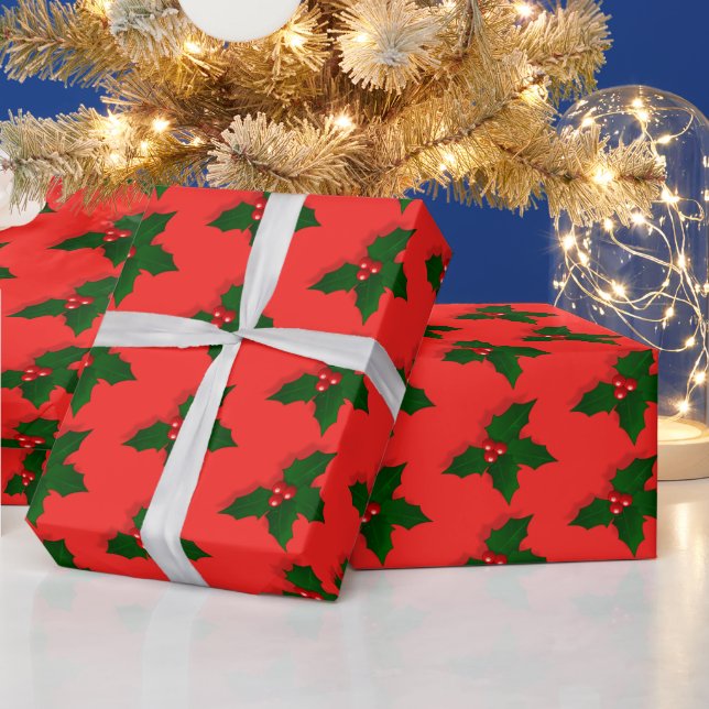 Holly Tree Berries Pattern Christmas Holiday Wrapping Paper (Holidays)