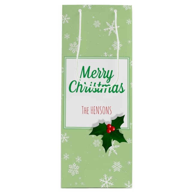 Holly Tree Berry Green Snowflakes Custom Christmas Wine Gift Bag (Front)