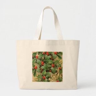 Holly Tree Christmas Holiday Vintage Large Tote Bag