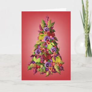 Holly Tree with Apples and Pansies Pink Christmas Holiday Card