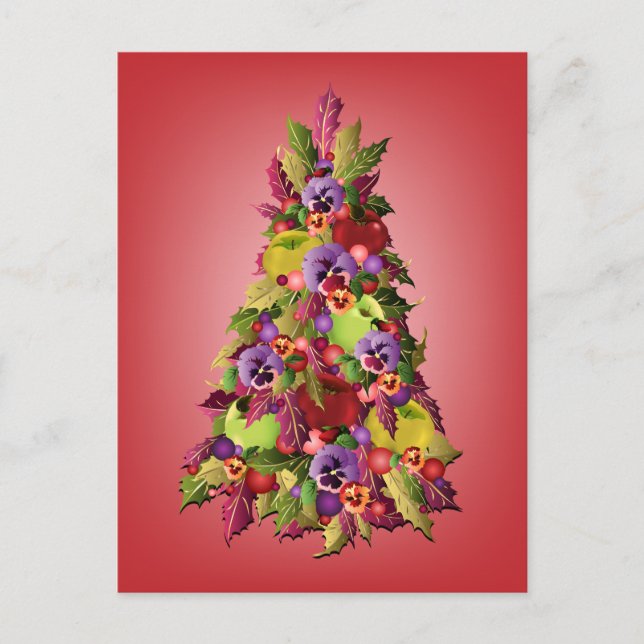 Holly Tree with Apples and Pansies Pink Christmas Holiday Postcard (Front)