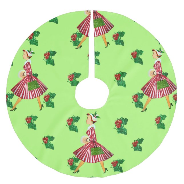 holly vintage christmas lady brushed polyester tree skirt (Front)
