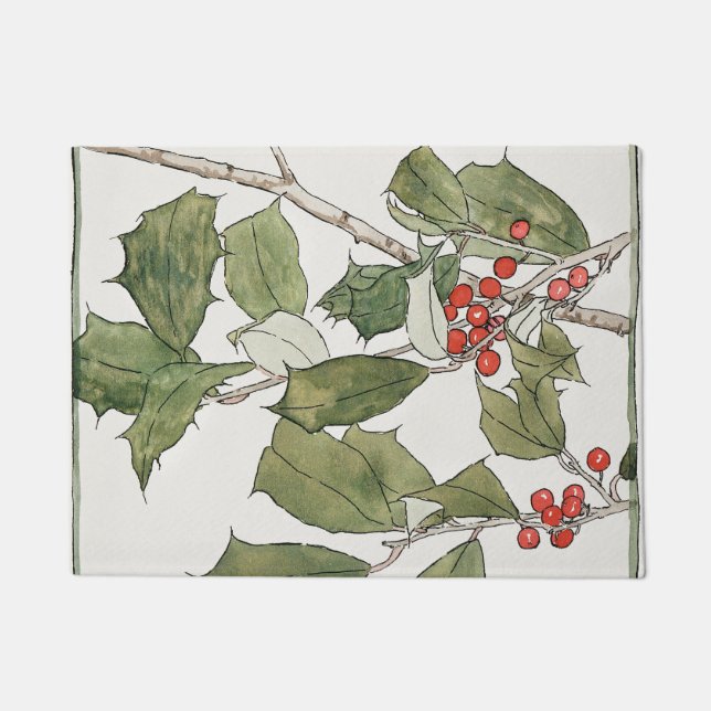 Holly Watercolor Painting, Hannah Borger Overbeck Doormat (Front)