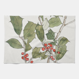 Holly Watercolor Painting, Hannah Borger Overbeck Tea Towel