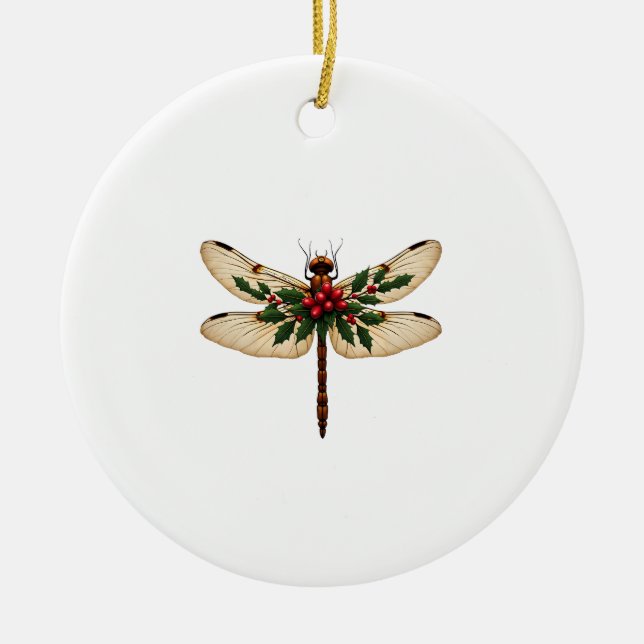 Holly Winged Dragonfly Ceramic Tree Decoration (Front)