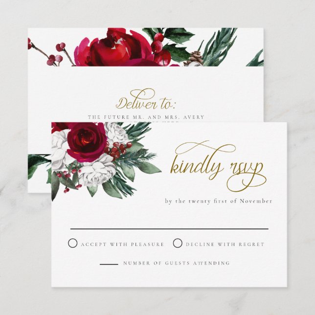 HOLLY Winter Christmas Burgundy Floral RSVP Card (Front/Back)