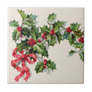Holly Winterberry Red Ribbon Tile