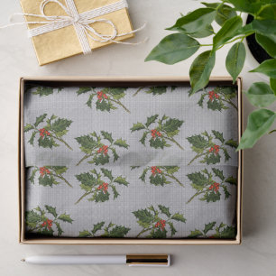 Holly with Red Berries on grey Background Tissue Paper