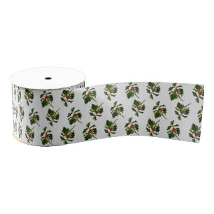 Holly with Red Berries on Ivory Texture Grosgrain Ribbon