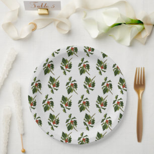 Holly with Red Berries on Ivory Texture Paper Plate