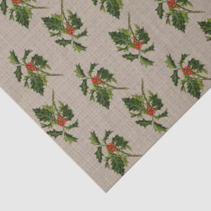 Holly with Red Berries on Natural Background Tissue Paper