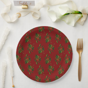 Holly with Red Berries on Vintage Red Paper Plate