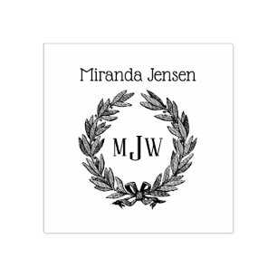 Holly Wreath 3 Initial Monogram Name Rubber Stamp