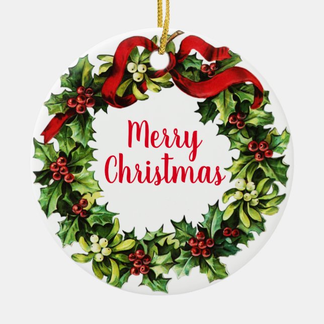 Holly Wreath and Calligraphy Ceramic Tree Decoration (Front)